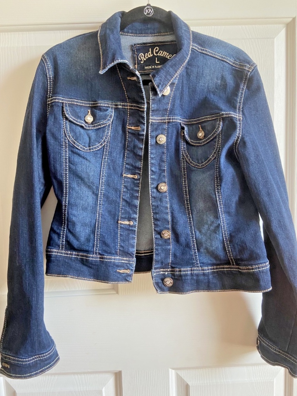Red Camel Women's Crop Denim Jacket Size L Dark Wash Stretch Jean Fitted